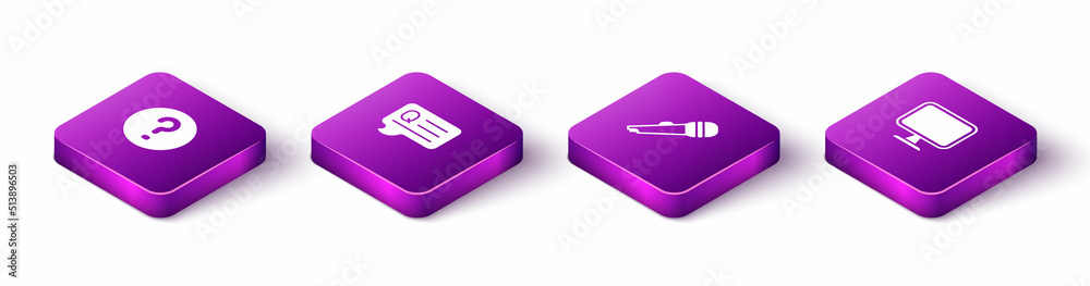Set Isometric Speech bubbles with Question, Microphone and Computer monitor icon. Vector
