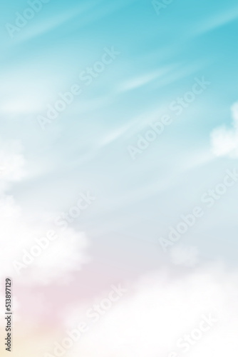 Morning Sky with Blue and Pink pastel with fluffy cloud,Vector beautiful nature pink sunset on spring or summer,Vertical illustration gradient  sky sweet and romantic background for four season banner