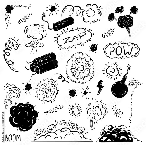 Hand-drawn elements of explosions nuclear bombs, firecrackers, mines scattered gunpowder. The explosion of the speech bubble. Comic sketch doodle.
