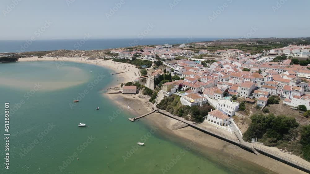 Aerial View Over Mira River Looking At Praia da Franquia At Vila Nova de Milfontes, Circle Dolly Right Aerial View Over Mira River Looking At Praia da Franquia At Vila Nova de Milfontes, Circle Dolly Right