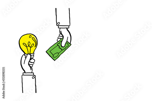 Hand paying money to get light bulb. Concept of the value of idea. Cartoon vector illustration design