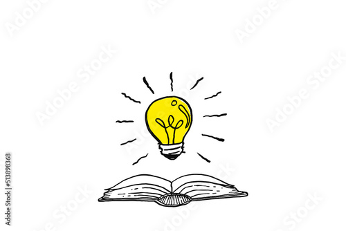 A light bulb show up from open book. Concept of idea's source. Cartoon vector illustration design