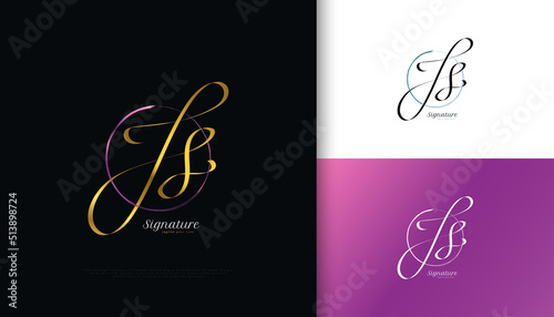 JS Initial Signature Logo Design with Elegant Gold Handwriting Style. Initial J and S Logo Design for Wedding, Fashion, Jewelry, Boutique and Business Brand Identity