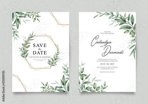 Double sided invitation template with watercolor greenery decoration photo