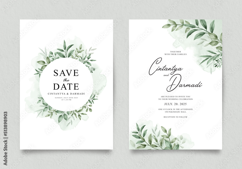 Elegant double sided wedding invitation template with greenery watercolor