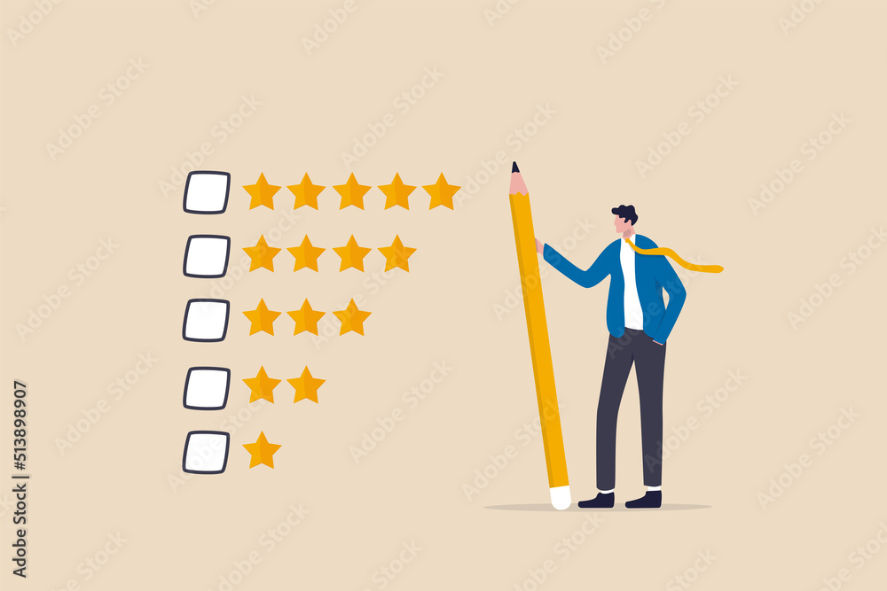 Evaluation or satisfaction feedback, performance rating or customer review, giving stars quality result, rate the service concept, thoughtful businessman holding pencil to evaluate star feedback.