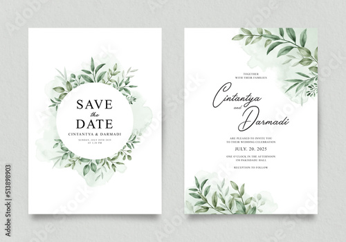 Elegant double sided wedding invitation template with greenery watercolor