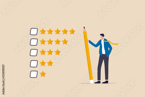 Evaluation or satisfaction feedback, performance rating or customer review, giving stars quality result, rate the service concept, thoughtful businessman holding pencil to evaluate star feedback.