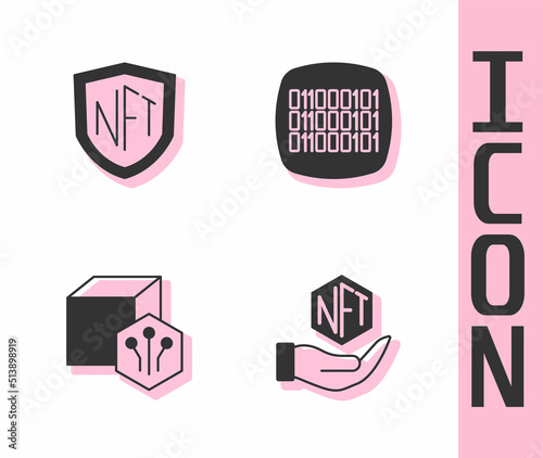 Set NFT Digital crypto art, shield, and Binary code icon. Vector