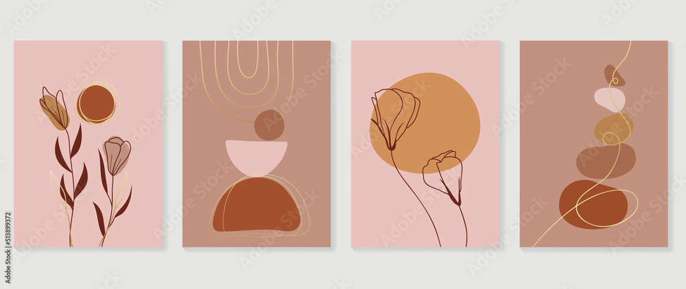 Set of abstract botanical wall art vector. Leaves, flowers, gold lines, leaf branch, organic shapes in line art style. Luxury wall decoration collection design for interior, poster, cover, banner. 