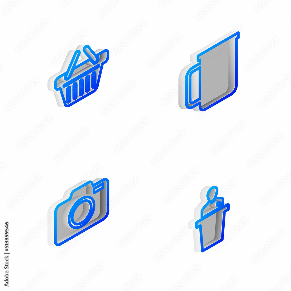 Set Isometric line Coffee cup, Shopping basket, Photo camera and Speaker icon. Vector