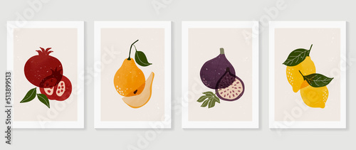 Set of abstract fruit wall art vector. Pomegranate, pears, figs, lemon, leaves with watercolor texture. Line art wall decoration collection design for interior, poster, cover, banner.