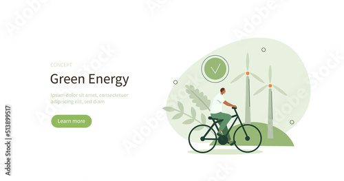 Sustainable living. Characters in modern eco city driving e-bike near windmills. Eco friendly vehicle and sustainable transportation concept. Vector illustration.
