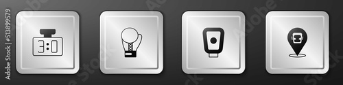 Set Sport mechanical scoreboard, Boxing glove, training paws and helmet icon. Silver square button. Vector