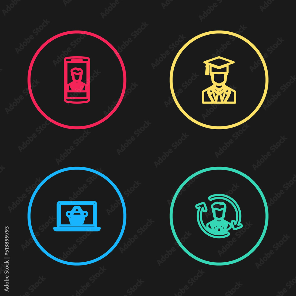 Set line Shopping basket on laptop, Human resources, Graduate with graduation cap and Smartphone contact icon. Vector Set line Shopping basket on laptop, Human resources, Graduate with graduation cap and Smartphone contact icon. Vector