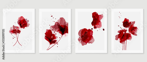 Set of abstract floral wall art vector. Red watercolor, flowers, tropical plants, flower petals, blooms. Luxury wall decoration collection design for interior, poster, cover, banner. 