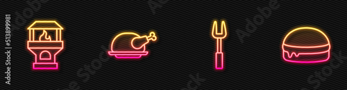 Set line Barbecue fork, Brick stove, Roasted turkey chicken and Burger. Glowing neon icon. Vector