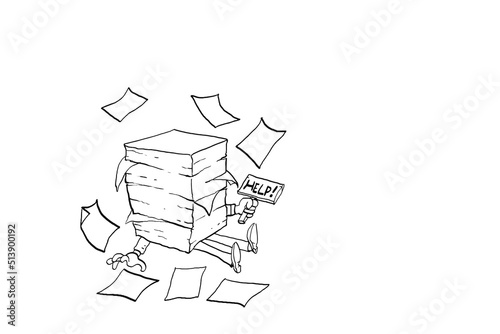 Cartoon character of overworked worker burried by pile of documents. Concept of stress and burnout. Vector illustration design