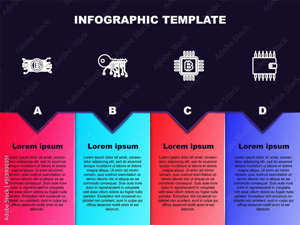 Set line Cryptocurrency bitcoin in circuit, key, CPU mining farm and wallet. Business infographic template. Vector Set line Cryptocurrency bitcoin in circuit, key, CPU mining farm and wallet. Business infographic template. Vector