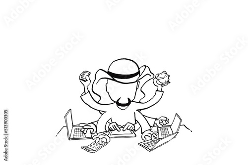 Arab business man doing multiple task at once. Concept of multitasking and burnout. Cartoon vector illustration design
