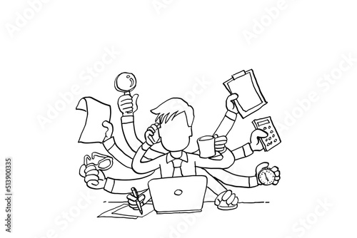 Businessman doing multiple job at once. Concept of multitasking and burnout. Cartoon vector illustration design