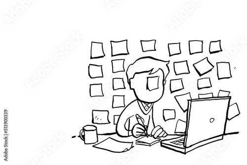 Businessman have lots to do lists. Concept of overwhelmed worker. Cartoon vector illustration design.