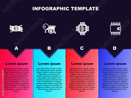 Set line Cryptocurrency bitcoin in circuit, key, CPU mining farm and wallet. Business infographic template. Vector