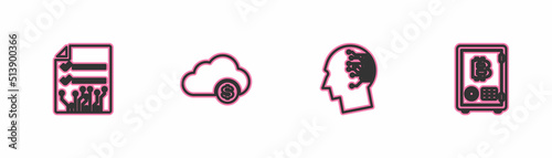 Set line Smart contract, Brain as digital circuit board, Cryptocurrency cloud mining and Proof of stake icon. Vector