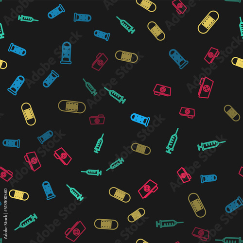 Set line DNA research, search, Syringe, Bandage plaster and Health record folder on seamless pattern. Vector