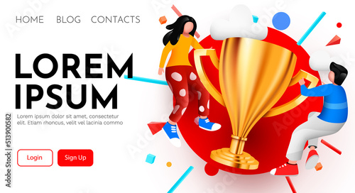 Landing page. People flying around golden giant champion cup. Winner  teamwork or success concept.