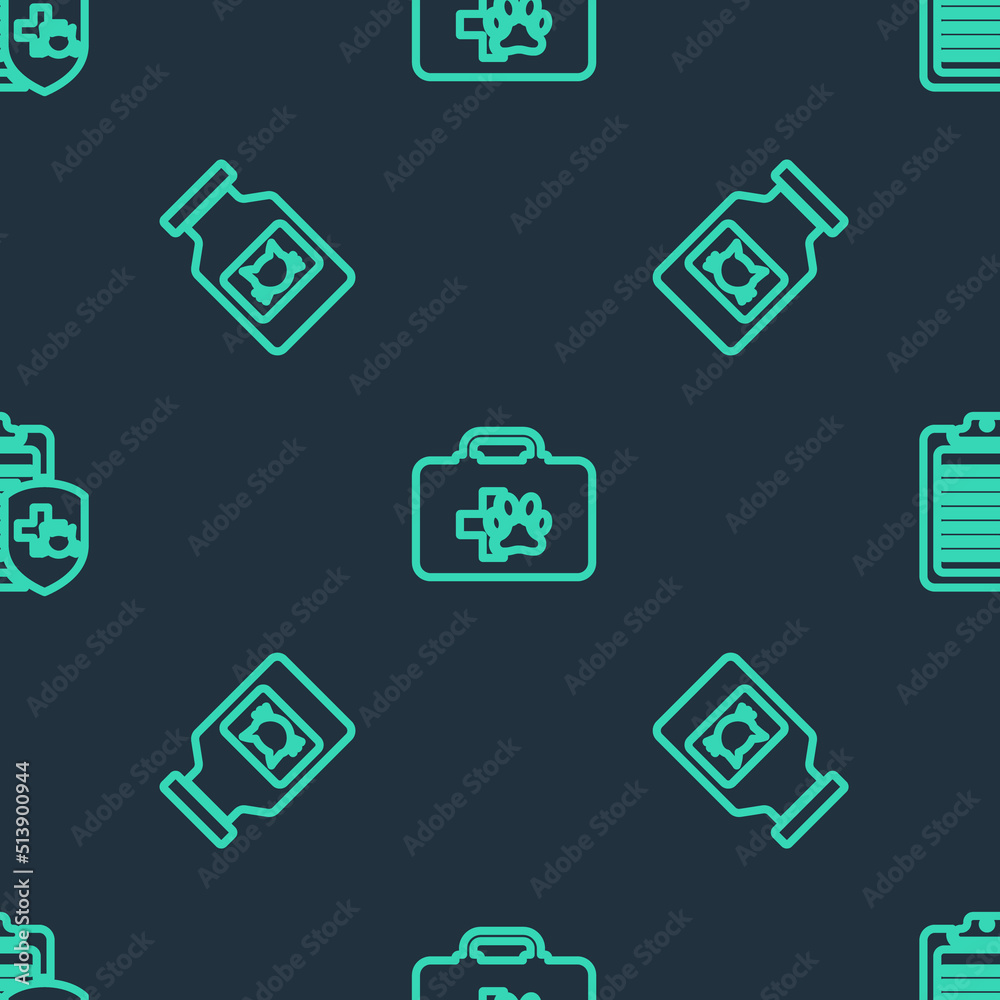 Set line Pet first aid kit, Cat medicine bottle and Clinical record pet on seamless pattern. Vector Set line Pet first aid kit, Cat medicine bottle and Clinical record pet on seamless pattern. Vector