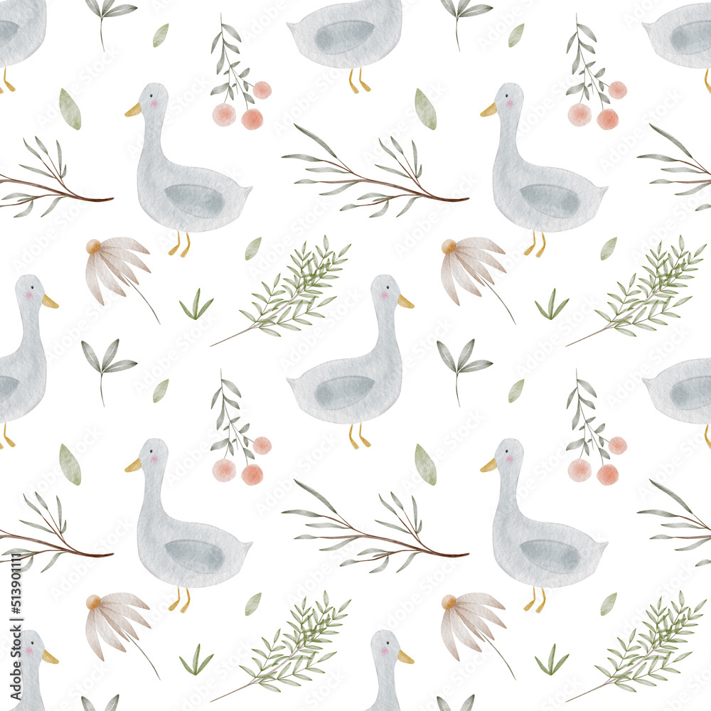 Seamless pattern with illustrations of gooses, leaves and flowers. Pattern for newborns, textile, fabric, kids, wrapping paper. 