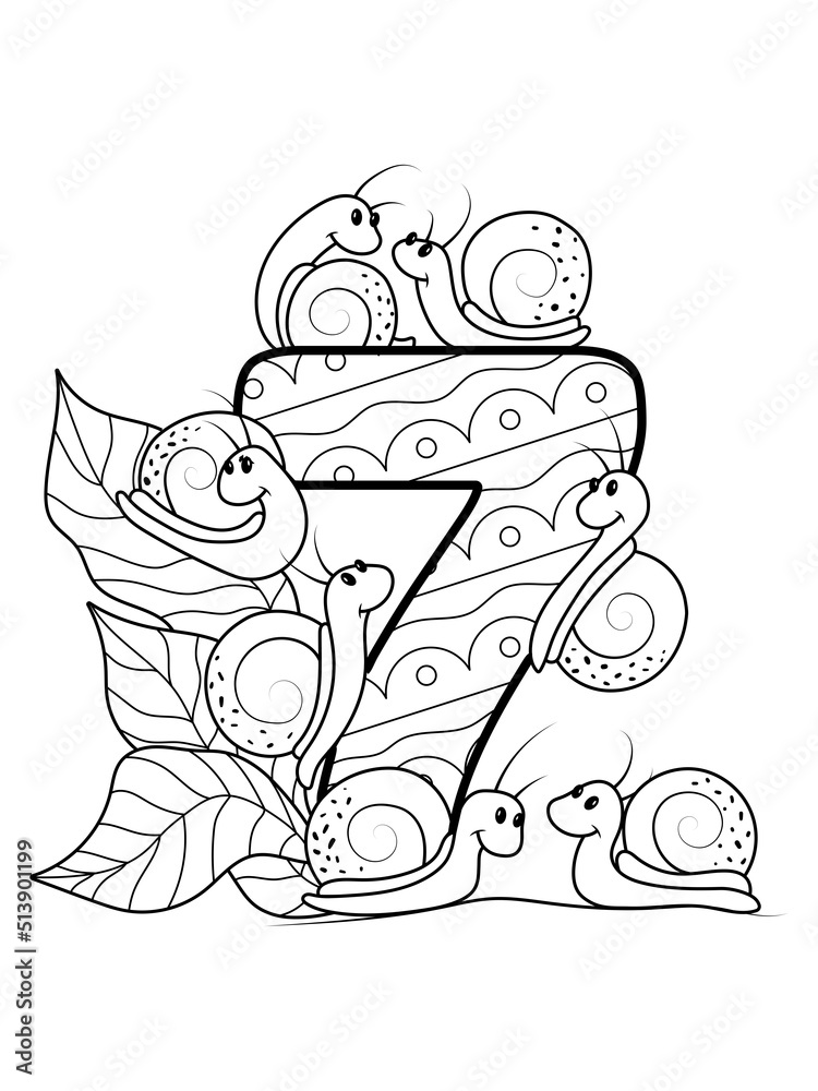 Coloring page - Numbers. Education and fun for childrens. Printable sheet - 7 seven and snails on foliage