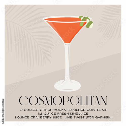 Cosmopolitan Cocktail in martini glass garnished with lime twist. Summer aperitif recipe retro minimalist square print. Menu card with alcoholic beverage with tropical palm shadow. Vector illustration