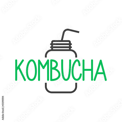 Banner con texto manuscrito Kombucha. Logo bar de té. Vector con silueta de botella y pajita para beber con líneas. Color verde y gris