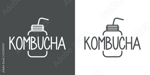 Banner con texto manuscrito Kombucha. Logo bar de té. Vector con silueta de botella y pajita para beber con líneas. Fondo gris y fondo blanco