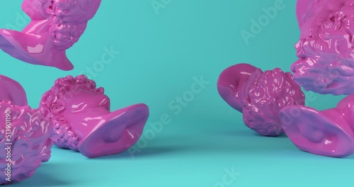 Funny concept 3D animation of shiny pink rubber 
 classical bust sculpture heads falling and bouncing over each other off the ground in green studio background.
