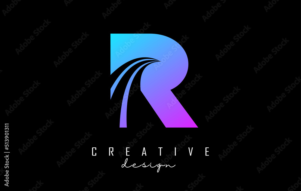 Colorful letter R logo with leading lines and road concept design. Letter R with geometric design. Colorful letter R logo with leading lines and road concept design. Letter R with geometric design.