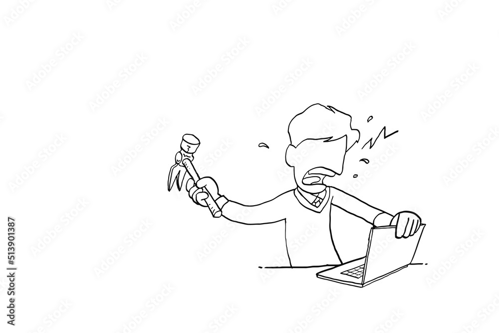 Frustated worker getting angry and want to hammer down his laptop. Cartoon vector illustration design