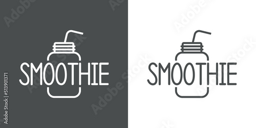 Banner con texto manuscrito Smoothie. Logo bar de zumos. Vector con silueta de botella y pajita para beber con líneas. Fondo gris y fondo blanco
