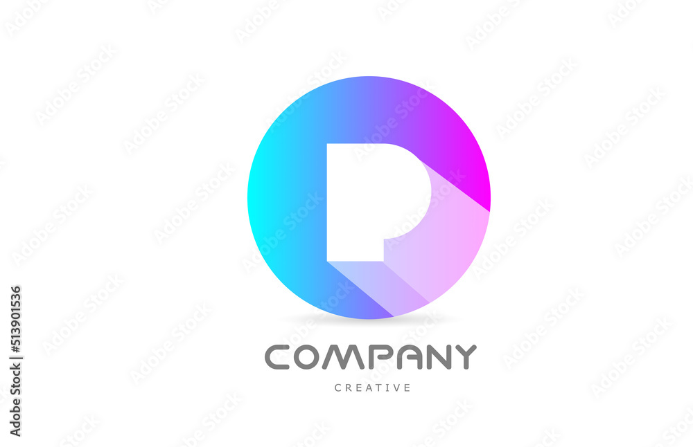 P pink blue alphabet letter logo icon with long shadow and circle. Creative template for company or business P pink blue alphabet letter logo icon with long shadow and circle. Creative template for company or business