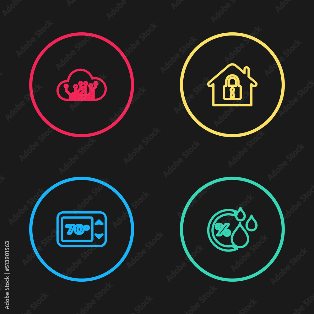 Set line Thermostat, Humidity, House under protection and Internet of things icon. Vector