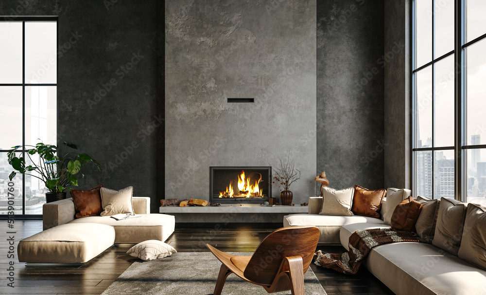 Fototapeta premium Dark living room loft with fireplace, industrial style, 3d render