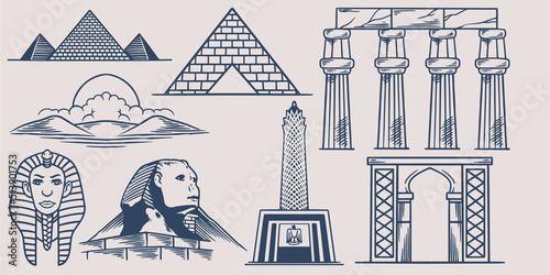 Hand drawing doodle trip travel elements set go to egypt with pyramid, sphinx, Pharaoh, museum and temple.