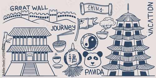 Hand drawing doodle trip travel elements set go to china with great wall , temple, panda, noodle, flag, yin yang and lantern.
