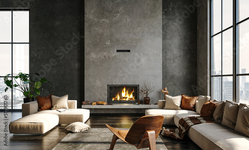 canvas print motiv - artjafara : Dark living room loft with fireplace, industrial style, 3d render