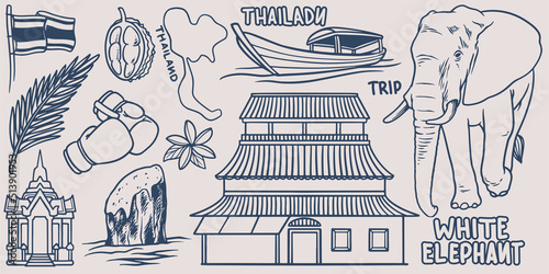 Hand drawing doodle trip travel elements set go to thailand with white elephant, temple, hill, island, flag, durian, boat and thau icon.