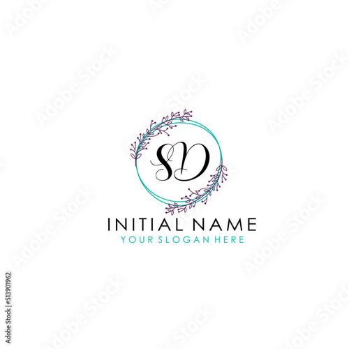 Initial letter SD handwriting with floral frame template	