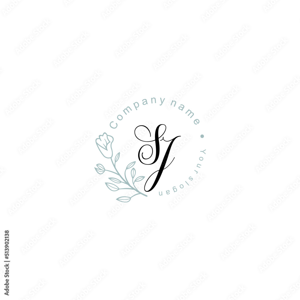 Initial letter SJ handwriting with floral frame template	
