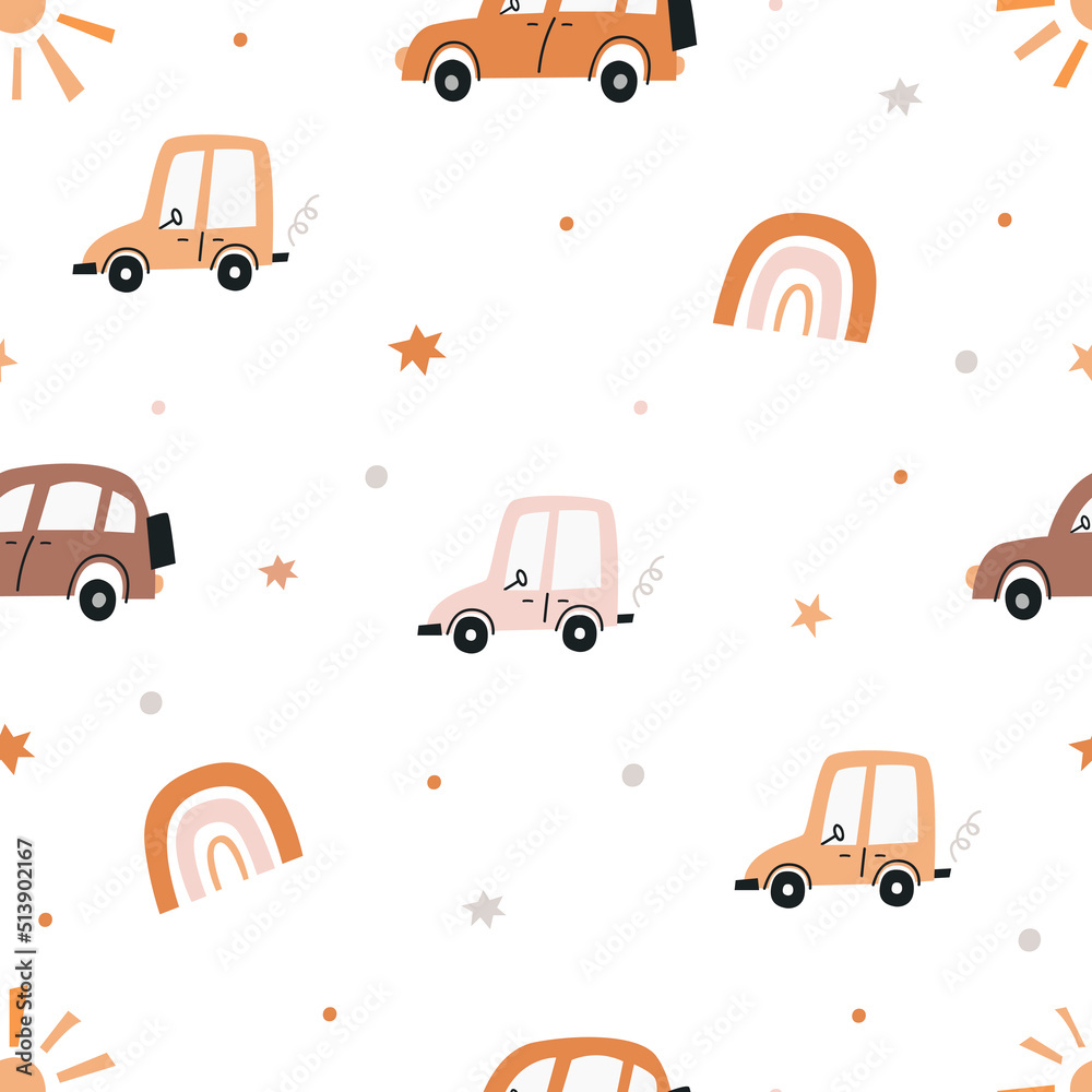 Boho seamless pattern with cute cars and rainbows
